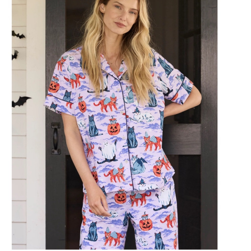 Printfresh Halloween House Cats Short Sleeve Top and Cropped Pants Set M